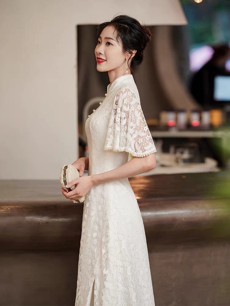 Aslinhanfu qipao Modern style, lace wedding Qipao with lotus leaf sleeves