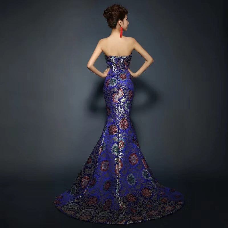 Aslinhanfu qipao Floral embroidery, brocade fishtail Qipao