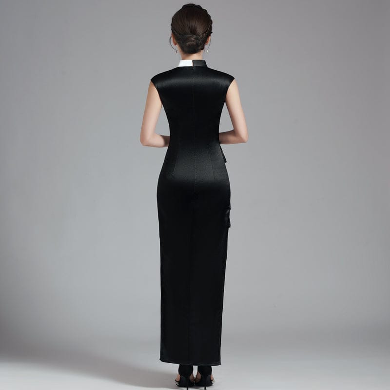 Aslinhanfu qipao Floral embroidery, high end, black with white long Qipao