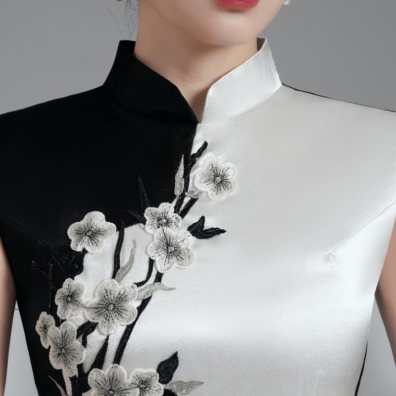 Aslinhanfu qipao Floral embroidery, high end, black with white long Qipao