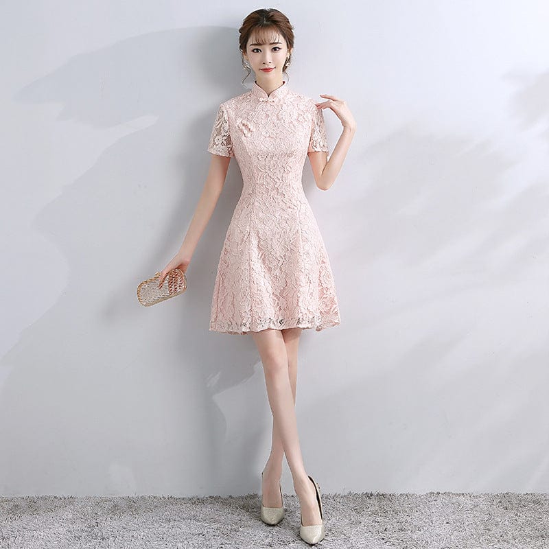 Aslinhanfu Floral pattern, A line, lace short Qipao