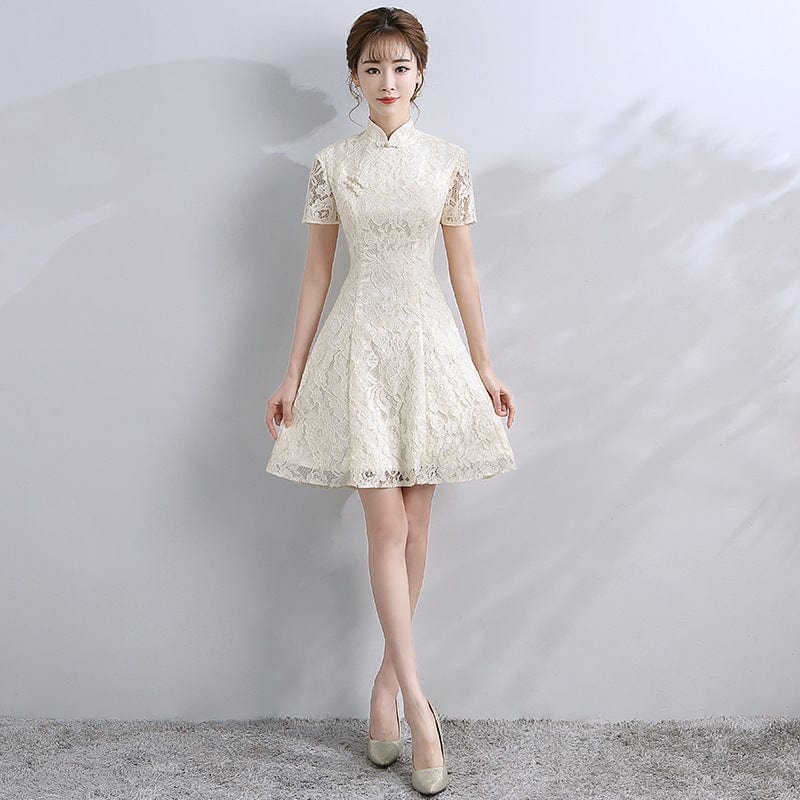 Aslinhanfu Floral pattern, A line, lace short Qipao