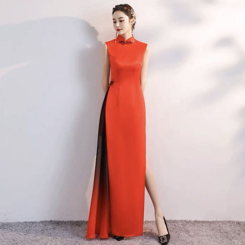 Aslinhanfu Old Shanghai style, satin fabric long Qipao