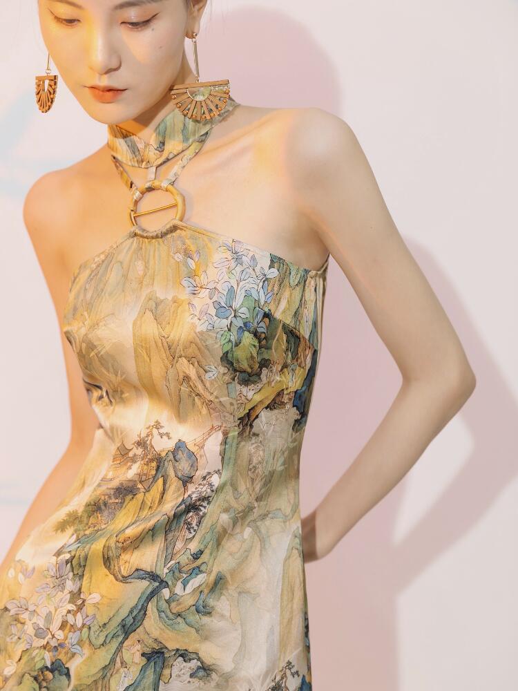 Aslinhanfu New Chinese style ( 新中式 ), artificial silk midi Qipao