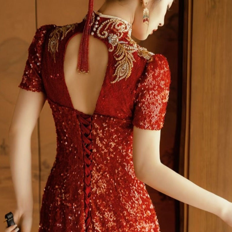 Aslinhanfu Floral embroidery, high end, wedding floor length Qipao