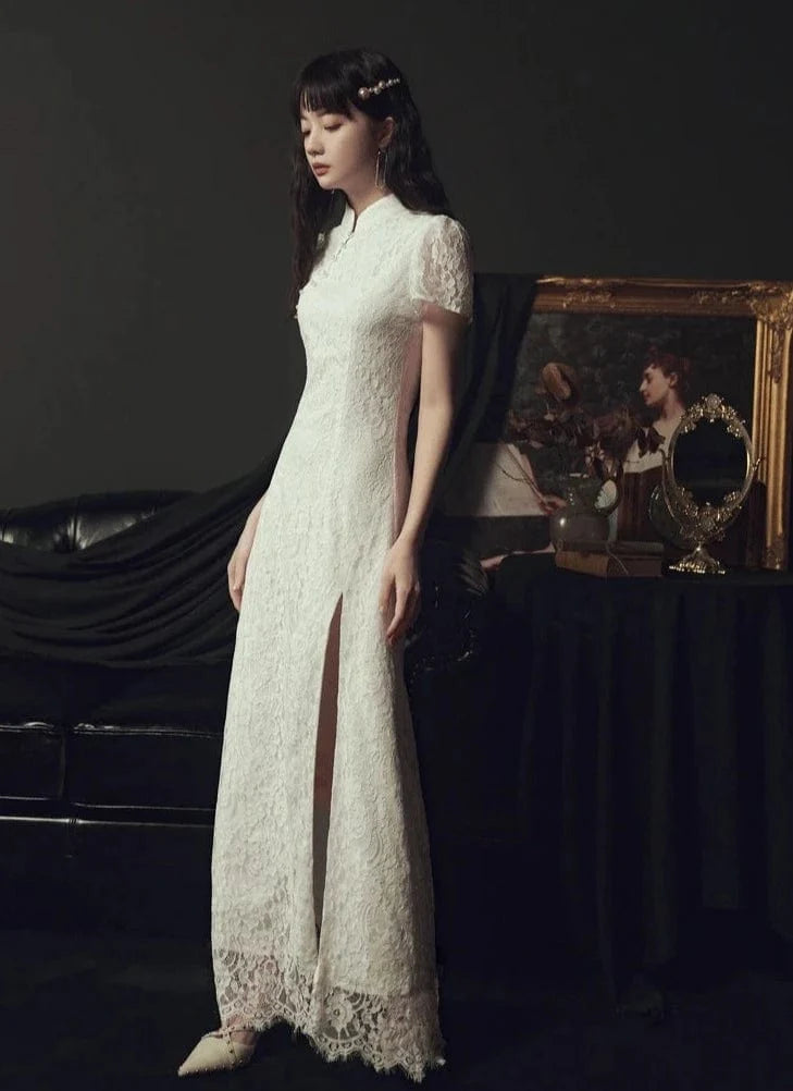 Aslinhanfu qipao Floral pattern, lace long Cheongsam