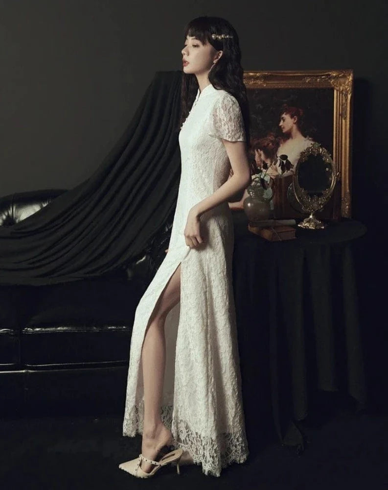 Aslinhanfu qipao Floral pattern, lace long Cheongsam
