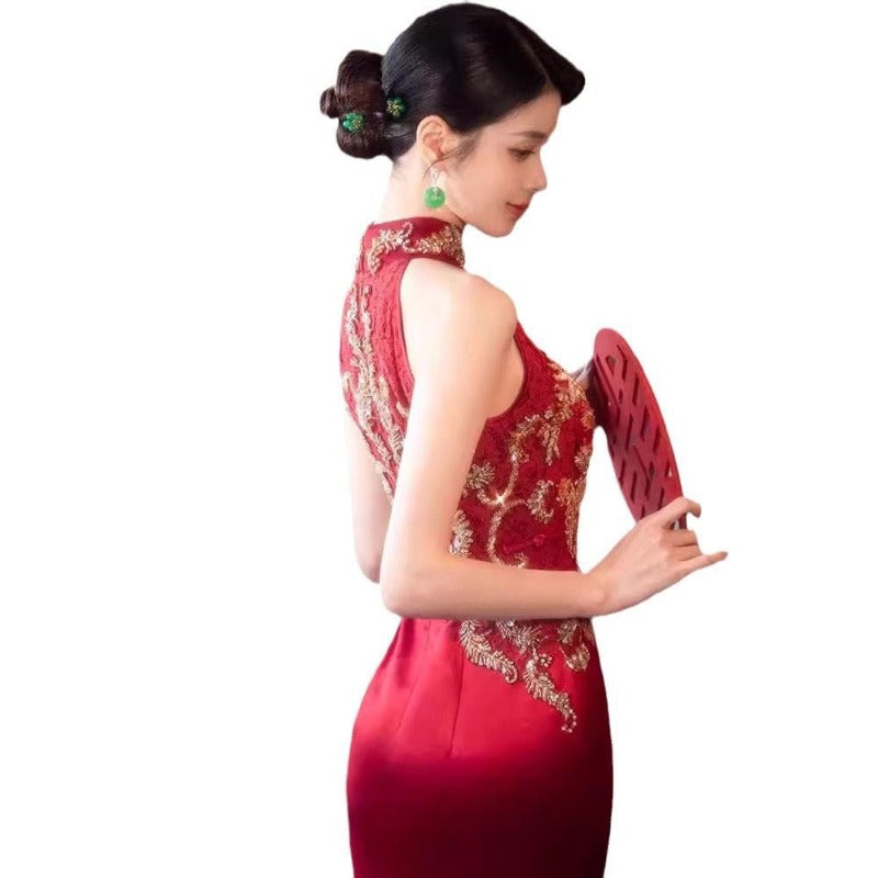 Aslinhanfu New Chinese style (新中式), floral embroidery, long red Cheongsam
