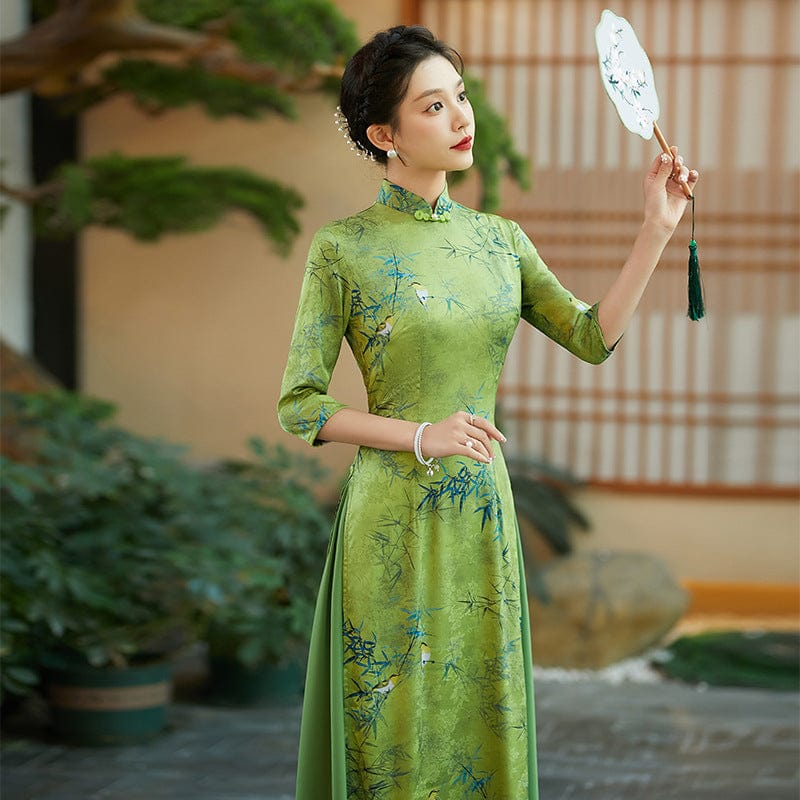 Aslinhafnu Qipao-QCYJ Bamboo leaf pattern, silk satin long Ao dai