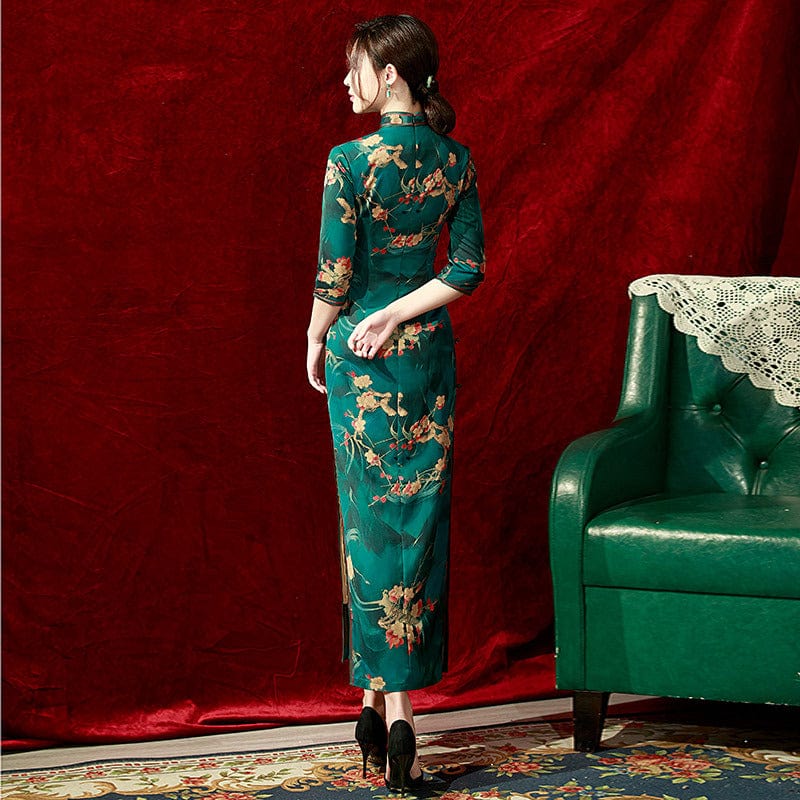 Aslinhanfu Qipao Old Shanghai style, green long Cheongsam