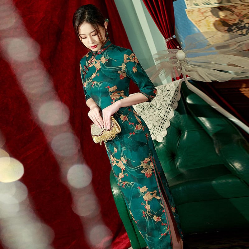 Aslinhanfu Qipao Old Shanghai style, green long Cheongsam