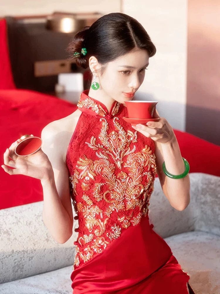 Aslinhanfu New Chinese style (新中式), floral embroidery, long red Cheongsam