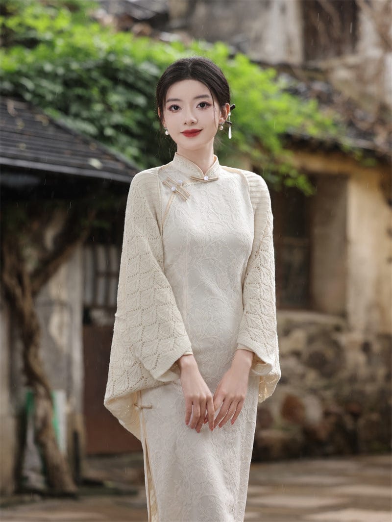 Aslinhanfu Fall and winter colleciton, openwork design, knitting Qipao Shawl
