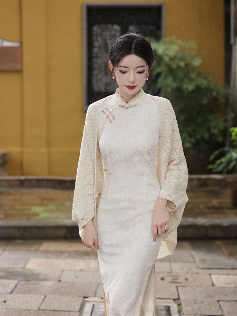 Aslinhanfu Fall and winter colleciton, openwork design, knitting Qipao Shawl