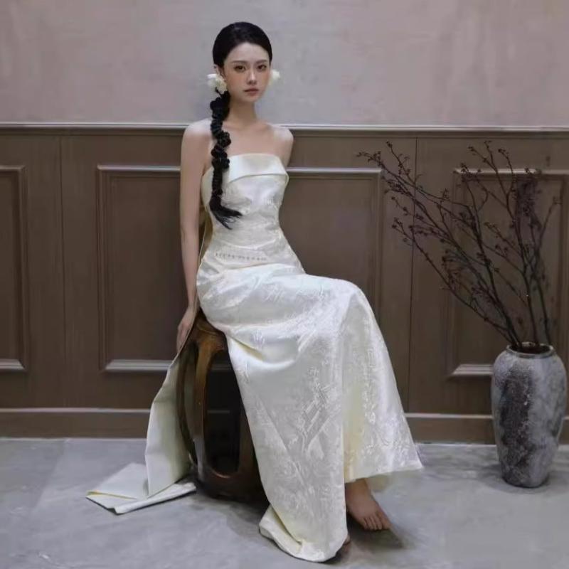 Aslinhanfu Tube top, high-end, white floor-length Cheongsam