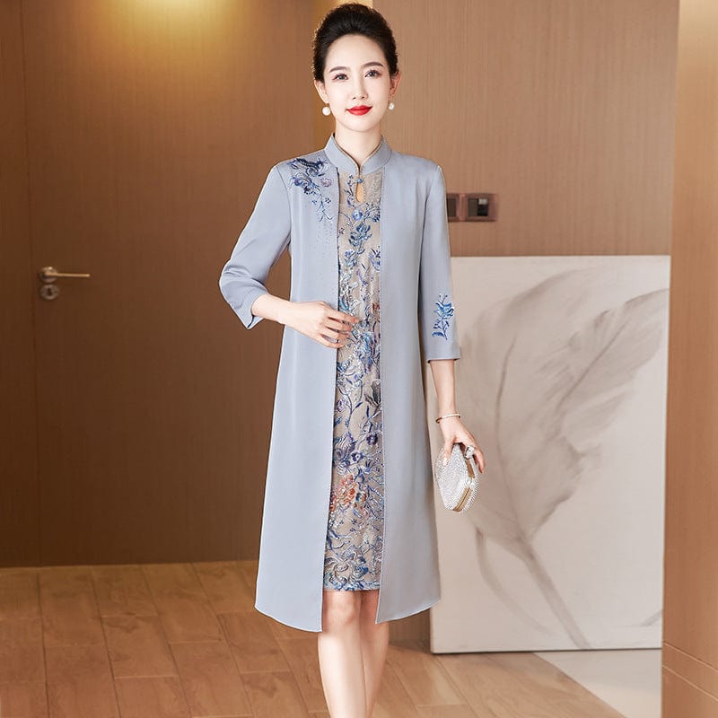 Aslinhanfu Faux two-piece Cheongsam, grey midi Cheongsam