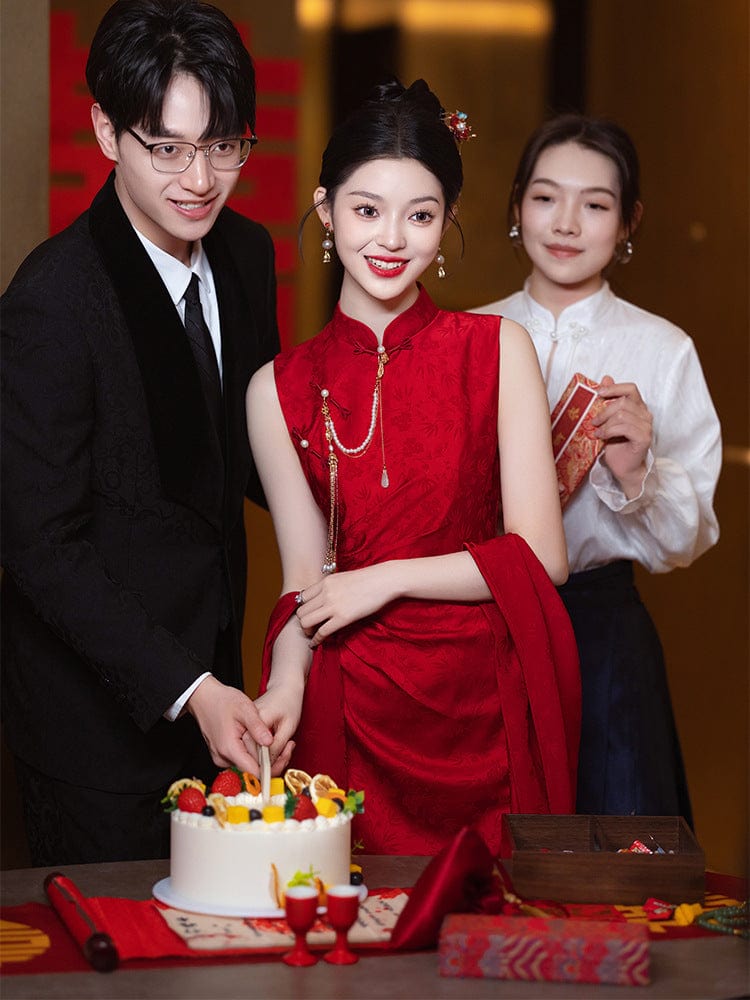 New Chinese style (新中式), jacquard red midi Cheongsam
