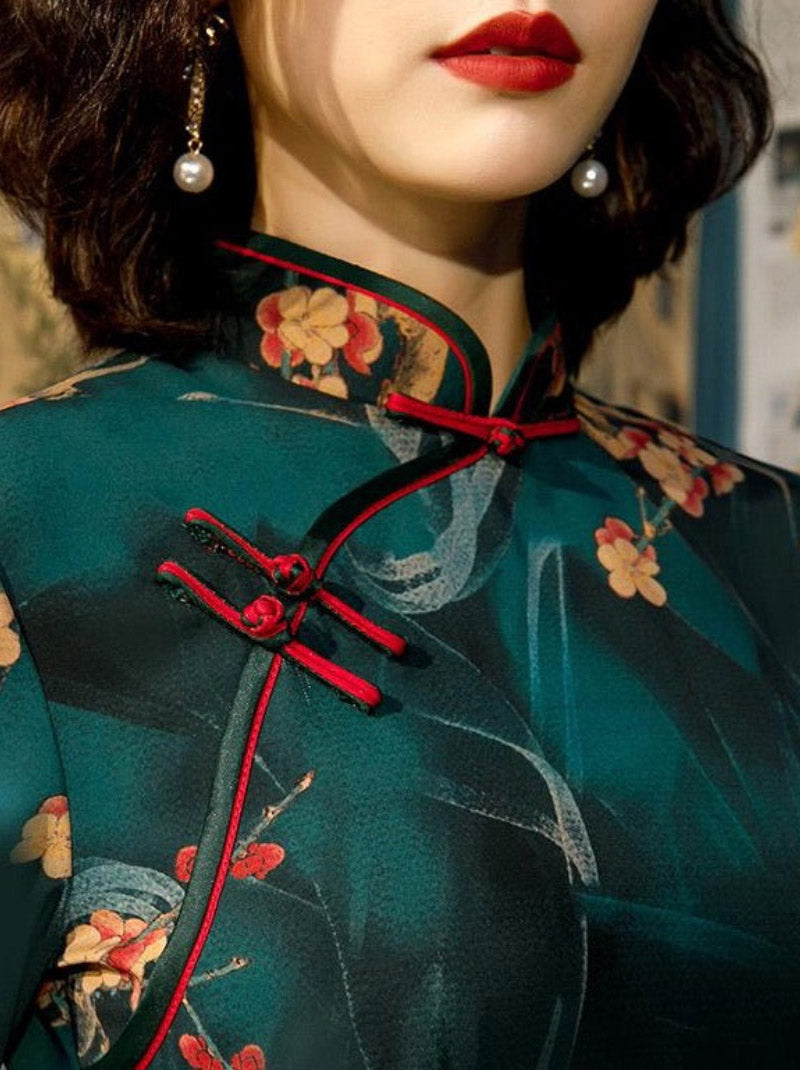 Aslinhanfu qipao GR Floral pattern, Cambiered Guangdong gauze material, long Qipao