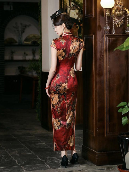Mulberry silk, Floral pattern, High-end long Qipao