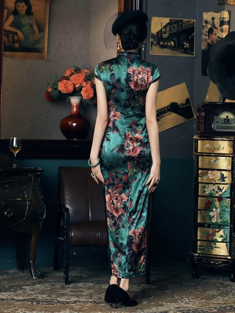 Mulberry silk, floral pattern, High-end, Green Qipao dress