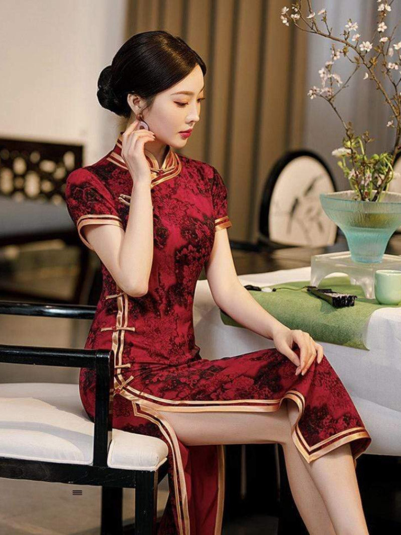 Aslinhanfu Qipao - GSJ Floral pattern, acetate fabric long Qipao