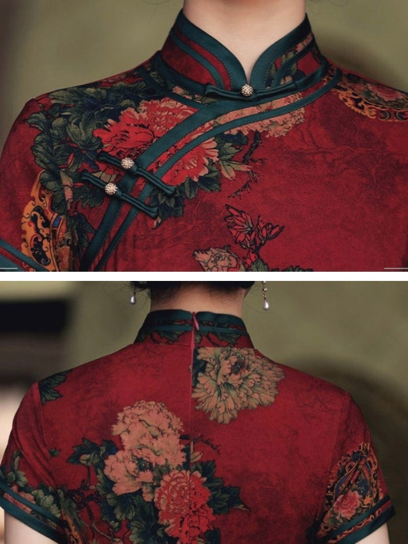 Aslinhanfu Qipao- GSJ Classic Chinese style, floral pattern, silk long Qipao