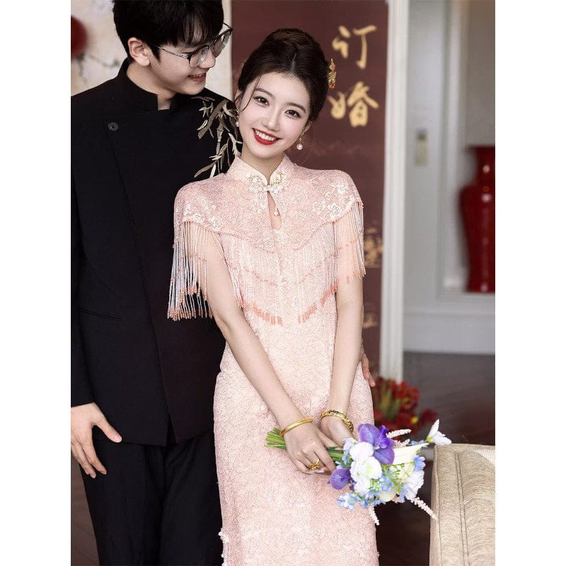 Floral pattern, pink long wedding Cheongsam with shawl set
