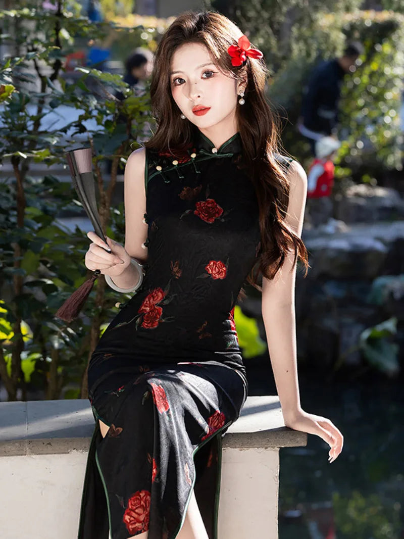 Black Cheongsam Dress 2026 summer slim fit design with soft breathable milk silk
