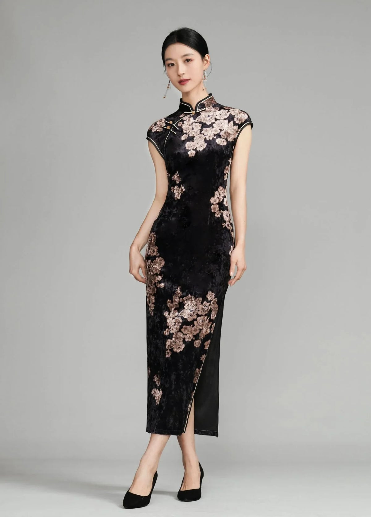 Black Floral Velvet Long Qipao Cheongsam Dress| Plum Blossoms