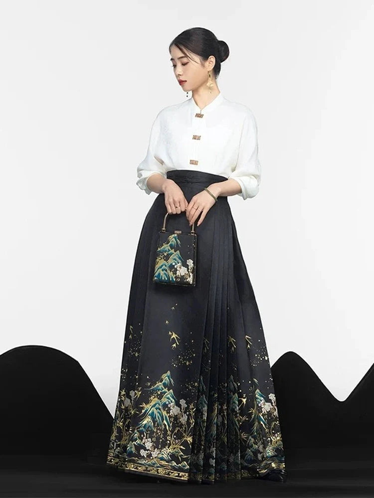Black Ming Dynasty Style Landscape Embroidered MaMian Skirt and Shirt