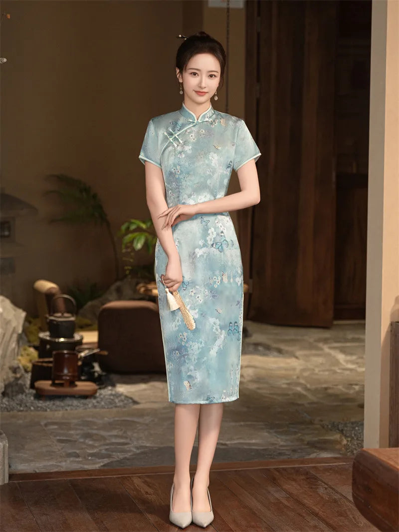 Blue Floral Cheongsam Qipao Dress| Plum Blossoms