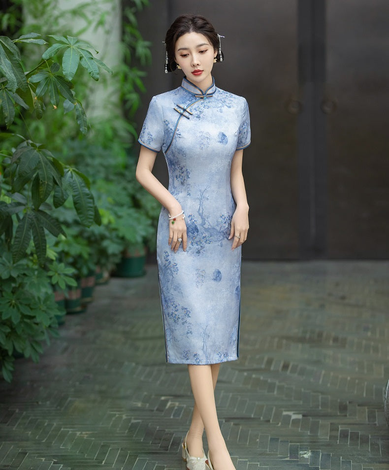 Blue Porcelain-Inspired Qipao Dress