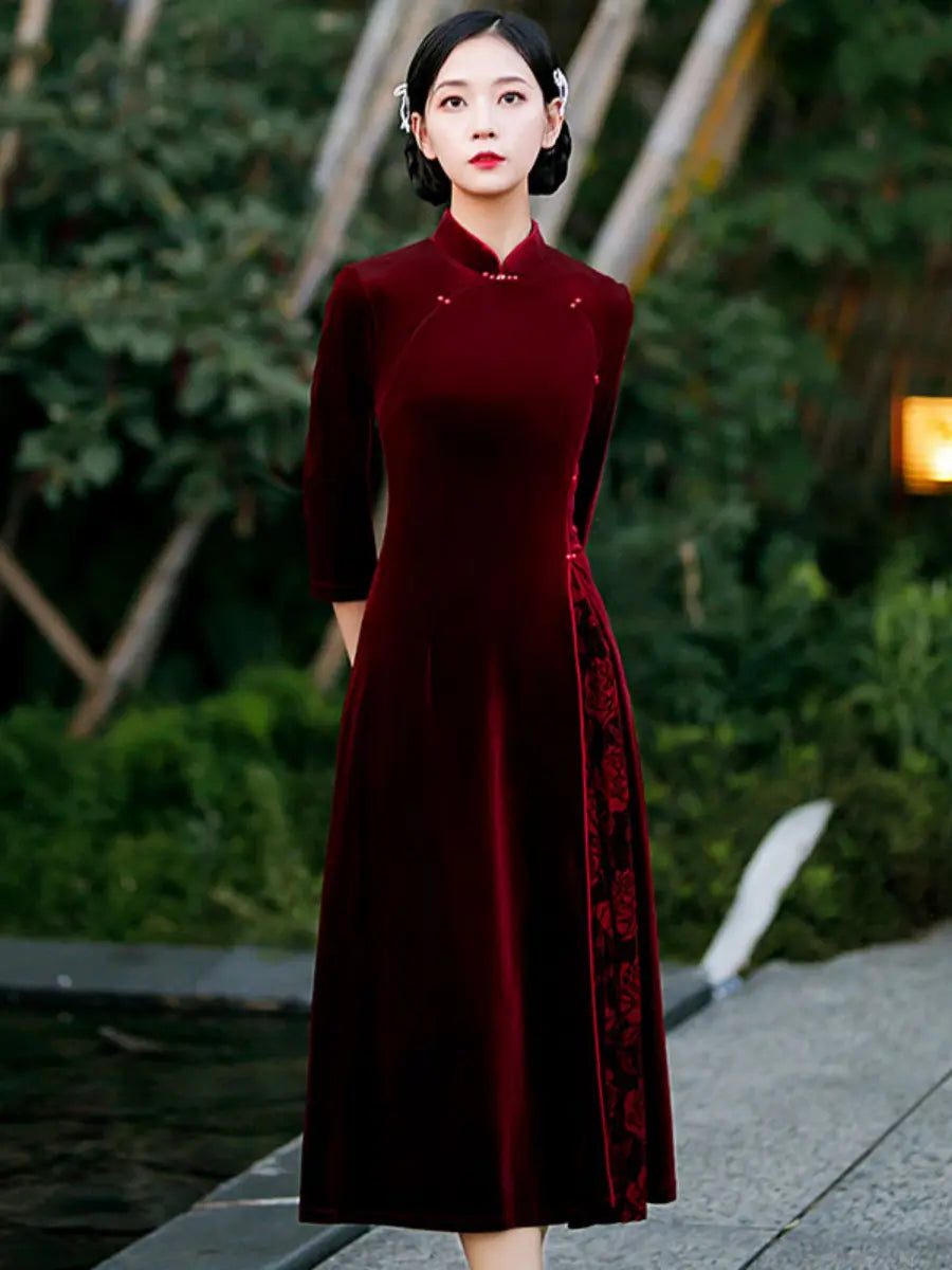 Burgundy Red/Black Velvet A line Qipao with Faux Pearl Buttons