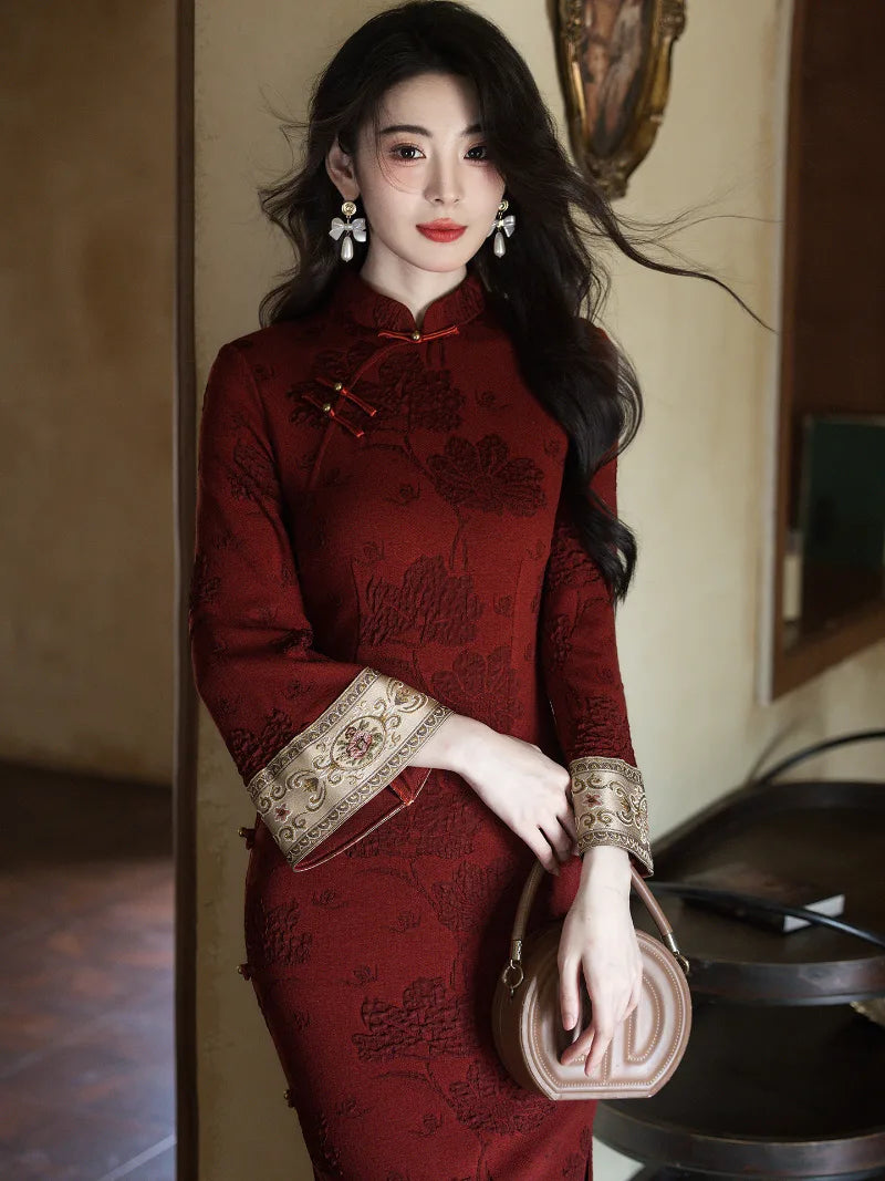 Chinese New Year qipao dress for women with elegant red winter design and refined silhouette