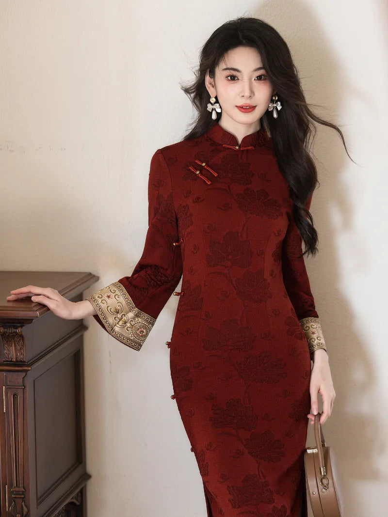 Chinese New Year qipao dress for women with elegant red winter design and refined silhouette