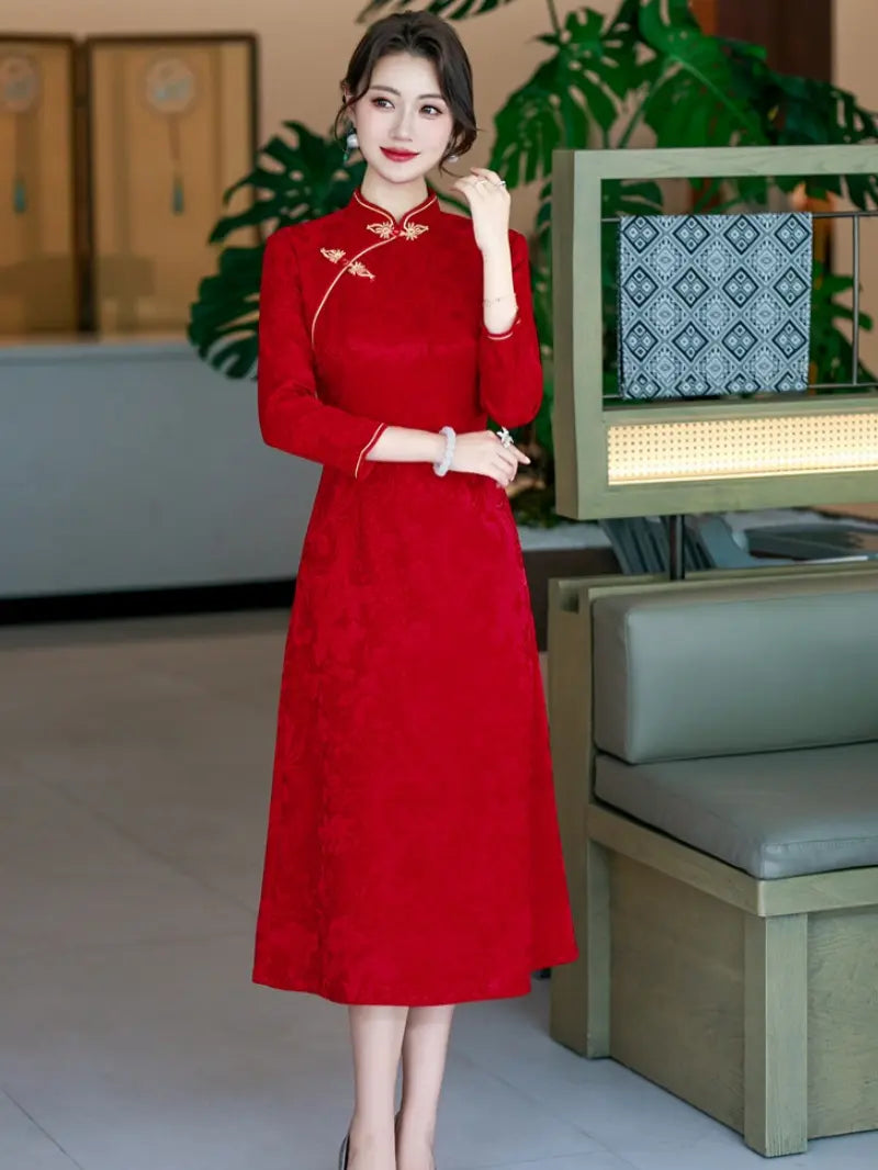 Crimson Red Floral Jacquard Long Sleeve A-Line Qipao With Gold Trim