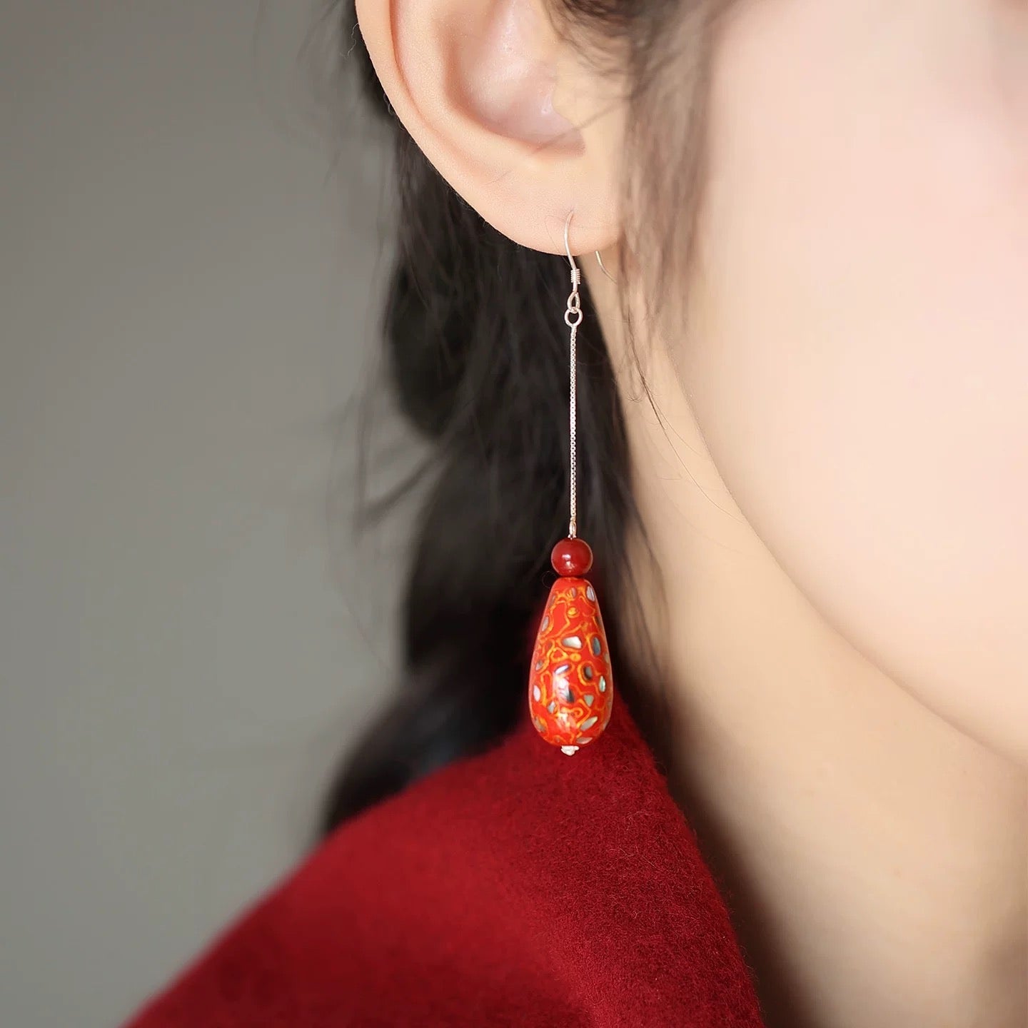 Vermilion Lacquer Drop Earrings | Ancient China Jewelry