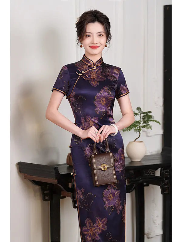 Deep Amethyst & Gold Floral Silk Long Qipao