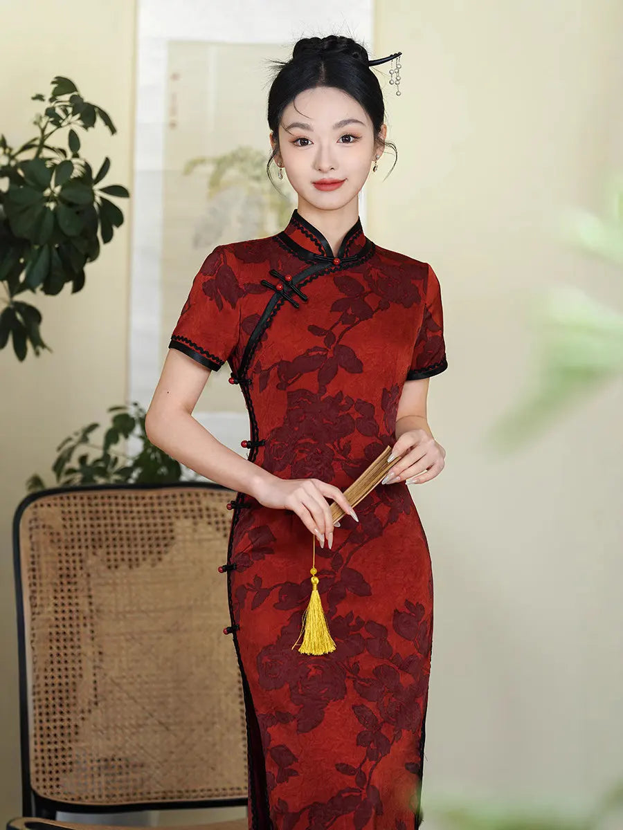 Deep Red Floral Qipao Cheongsam Dress with Black Trim