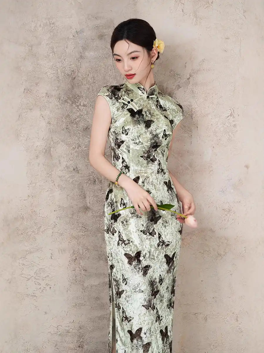Elegant Velvet Qipao Dress with Butterfly Print
