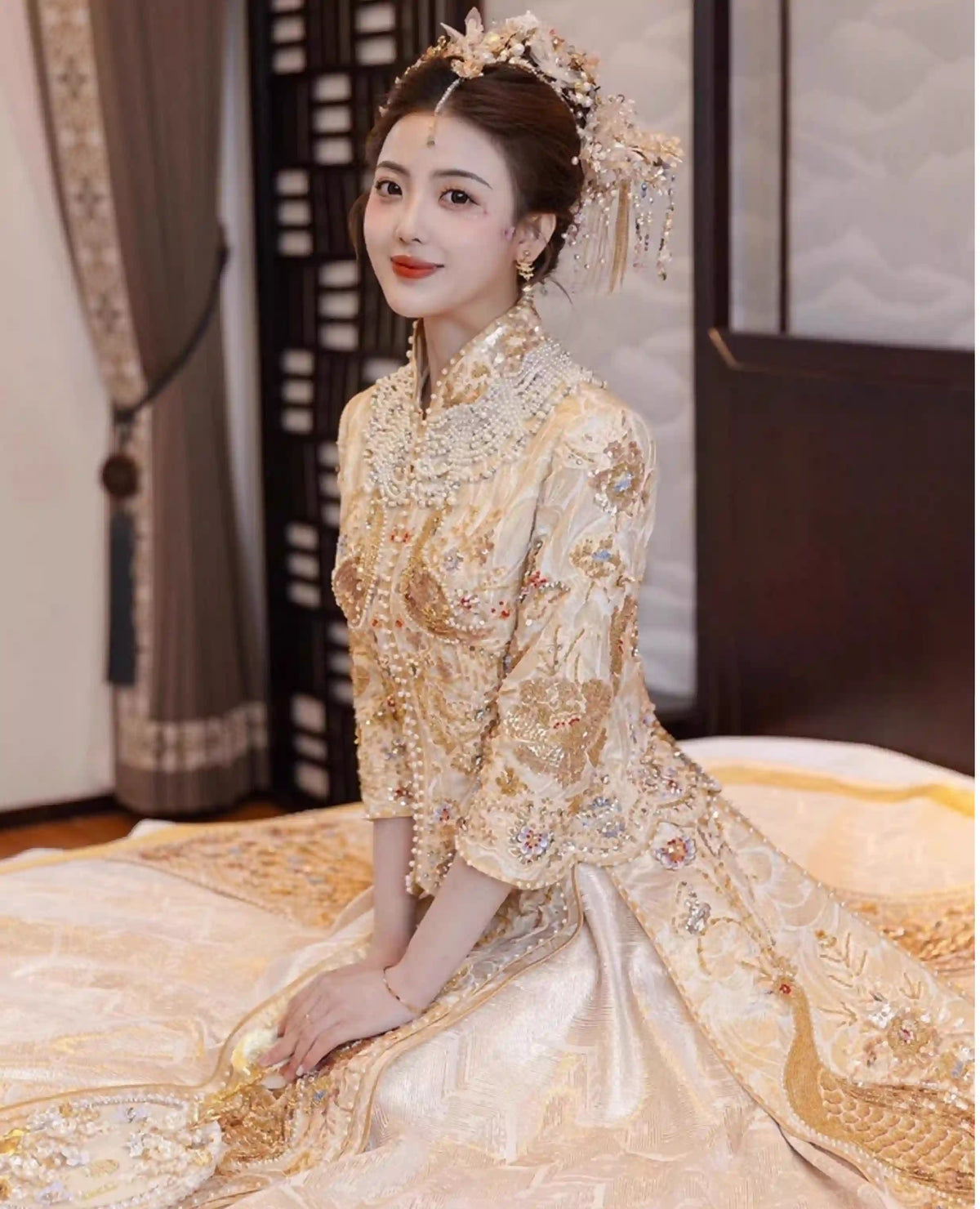 Golden Bridal beaded Chinese Wedding Qun Kwa |Peacock