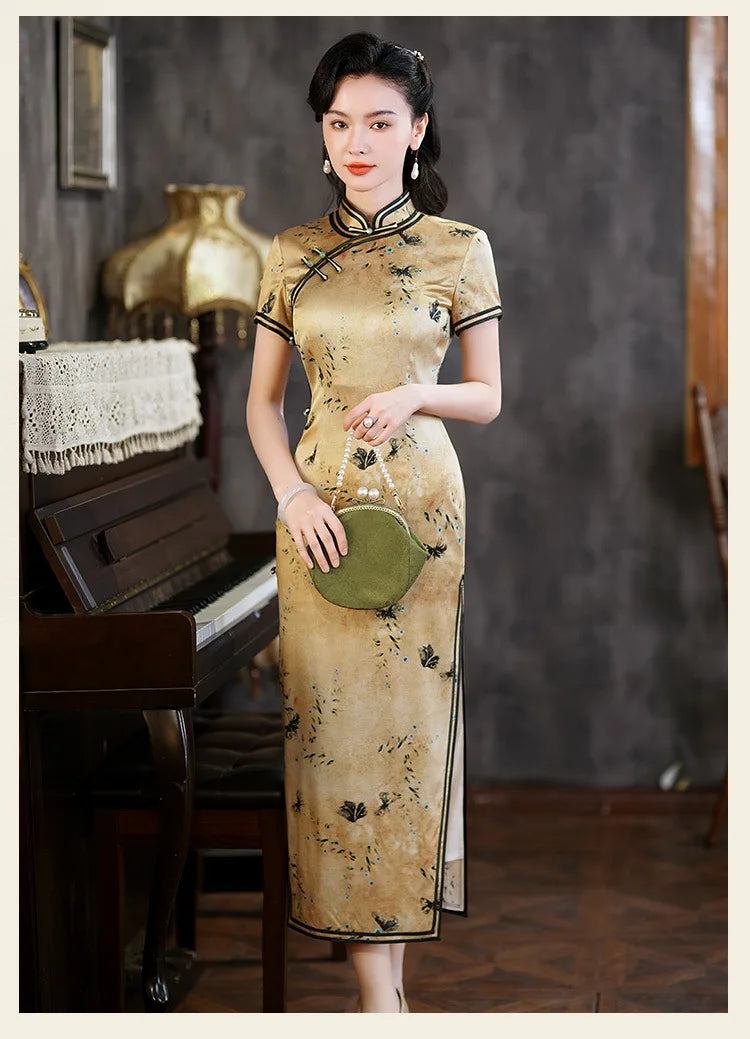 Golden Mulberry Silk Qipao Dress with Black Floral Print