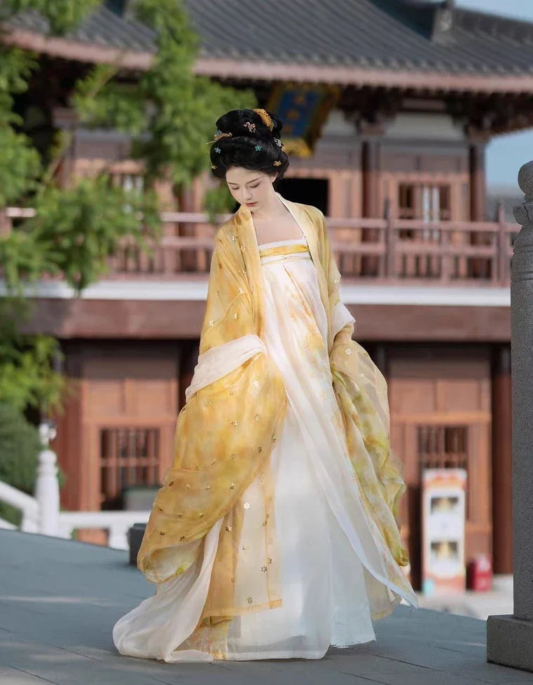 Golden Traditional Chinese Tang Dynasty Hanfu Dress Set | Sunpetal