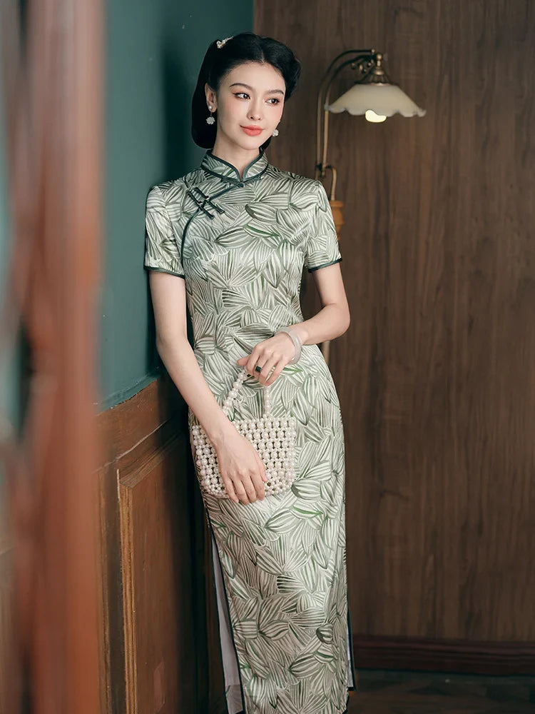 Green Leaf Print Silk Long Qipao Dress