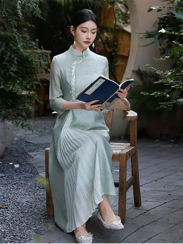 Green Modern A-Line Tencel Jacquard A Line Cheongsam Qipao Dress