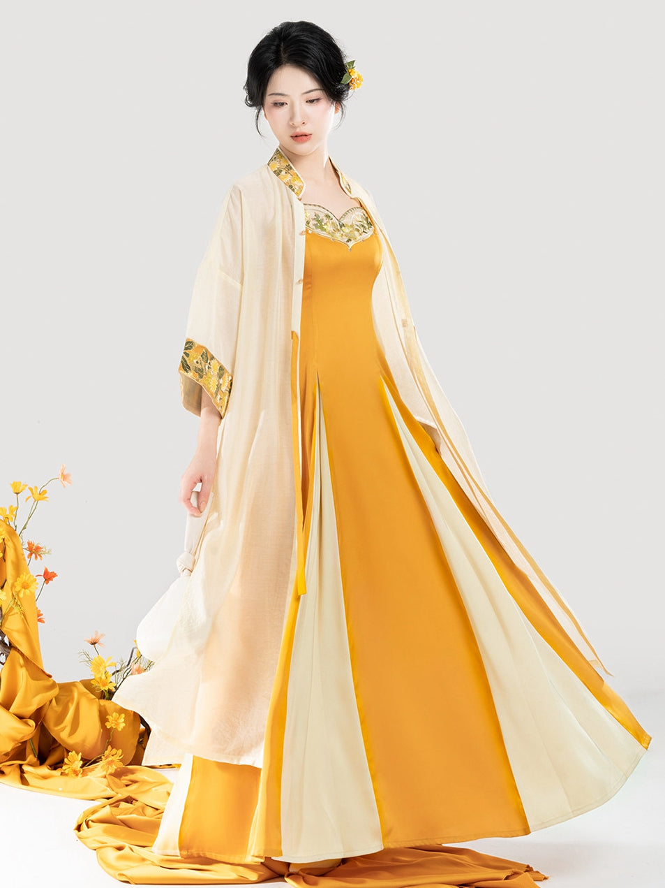 Modern Hanfu Two Piece Set for Women – Lyocell Blouse & Yellow Dress