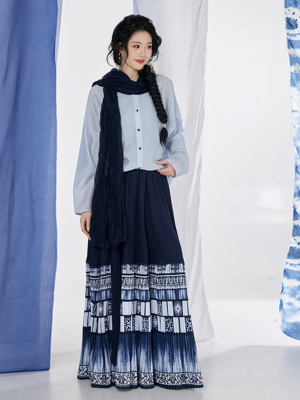 Blouse and Maxi Skirt 3-Piece Set with Scarf
