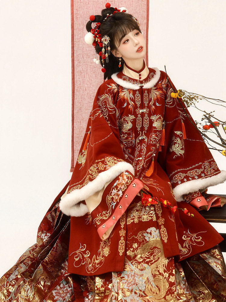 Chinese Wedding Hanfu Set with Dragon & Phoenix Mamian Skirt