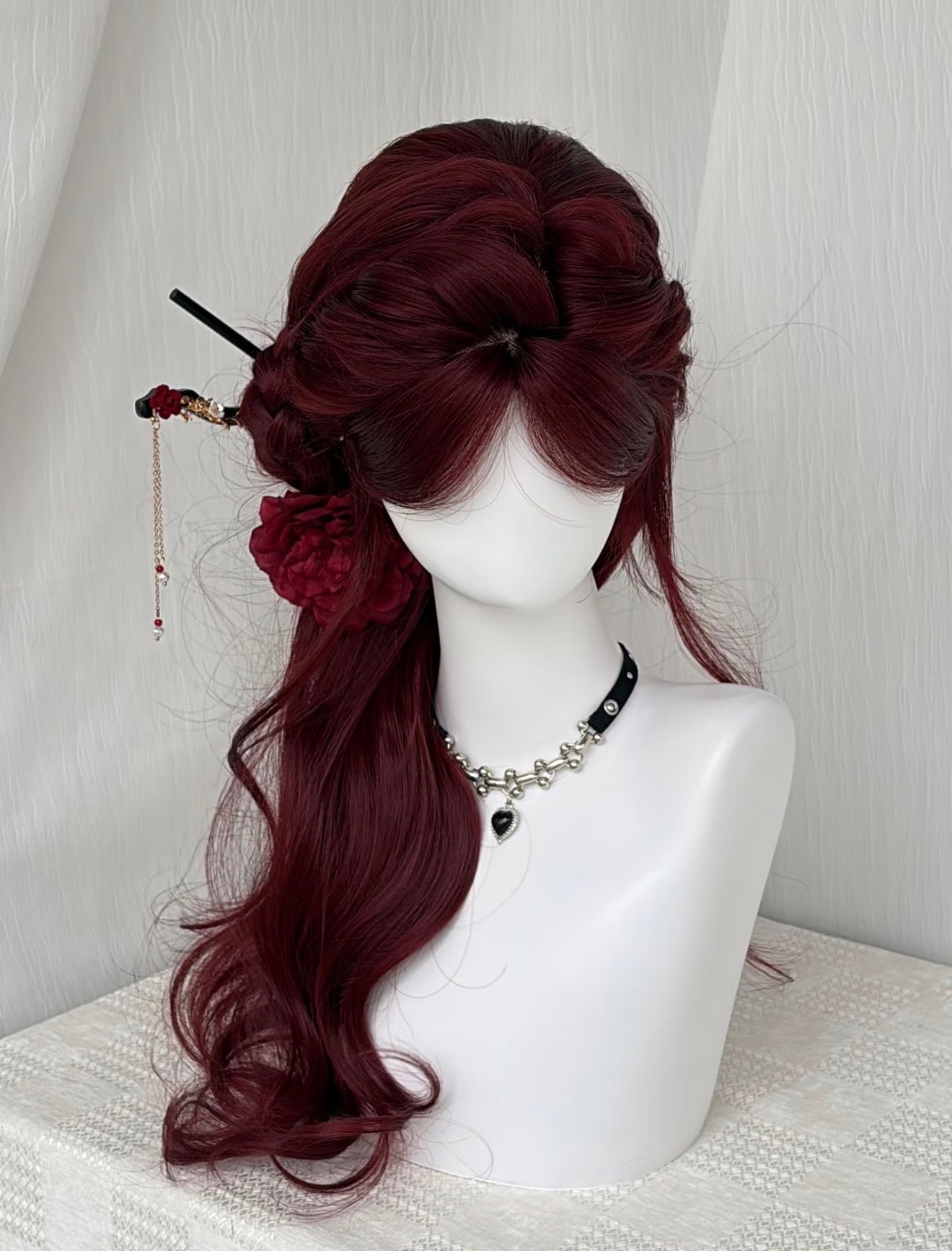 Crimson Peony Half-Updo Wig | Chinese Vintage Style with Floral Hairpin