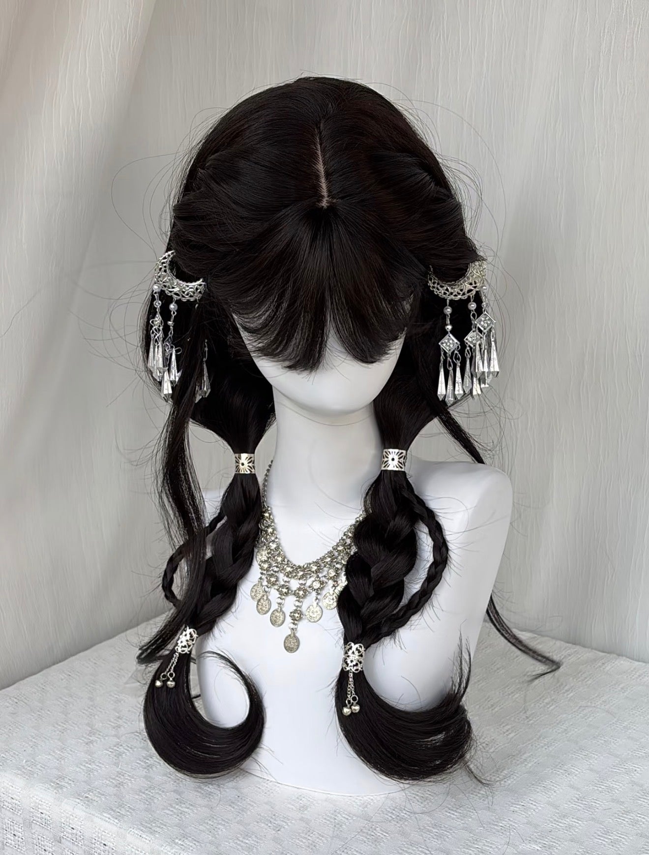 Moonlit Warrior Twin Braid Wig | Chinese Xianxia Style with Silver Tassel & Bell Hair Accessories